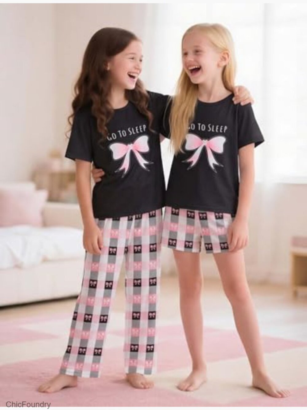 Girls Pajama Set Short Sleeve Top Long Pants Shorts 3-Piece Sleepwear with - Picture 4 of 7